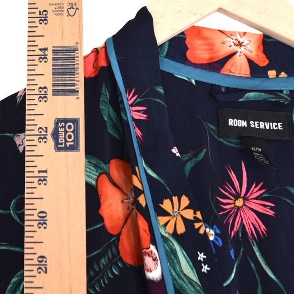 Room Service Drink Champagne Floral Robe Kimono XS Navy Lounge Wrap *No Belt* - Picture 5 of 8